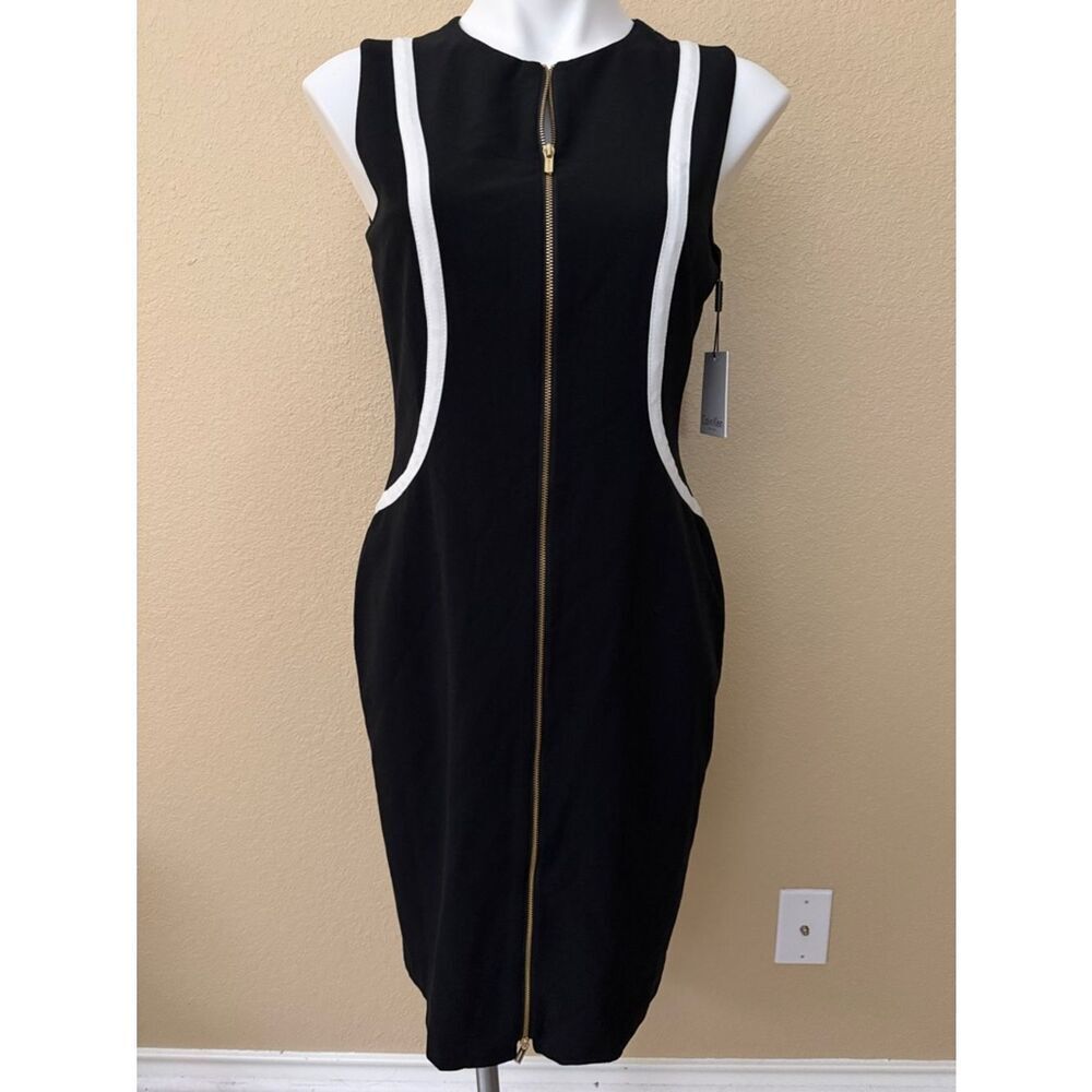 Calvin Klein Black and White Zip-Front Midi Sheath Dress